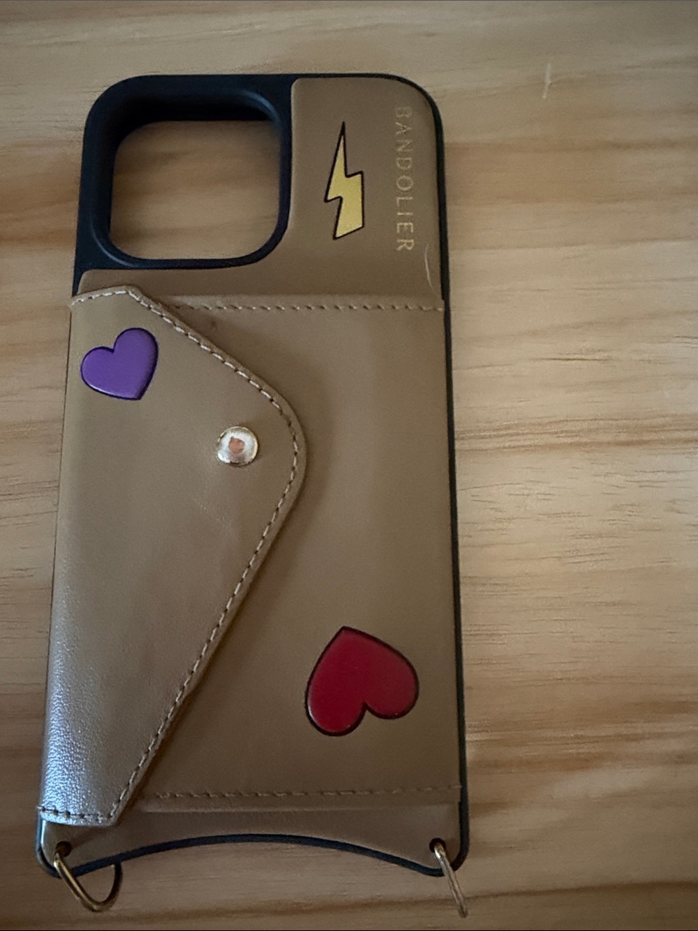 Bandolier Tan Leather Card Wallet IPhone 14 ProMax Case with Hearts